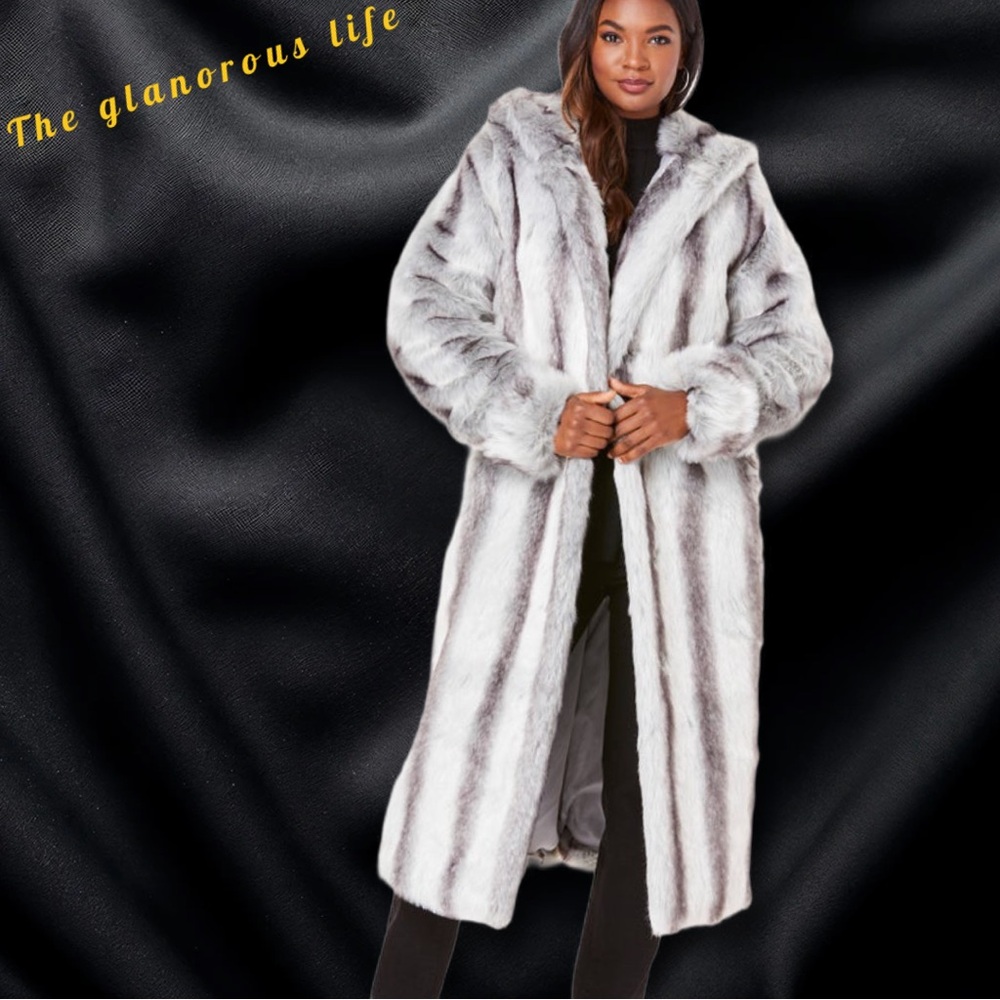 Glamorous Hooded Long Faux Chinchilla Fur Coat Generously Sized 1X Fits 2X - 3X